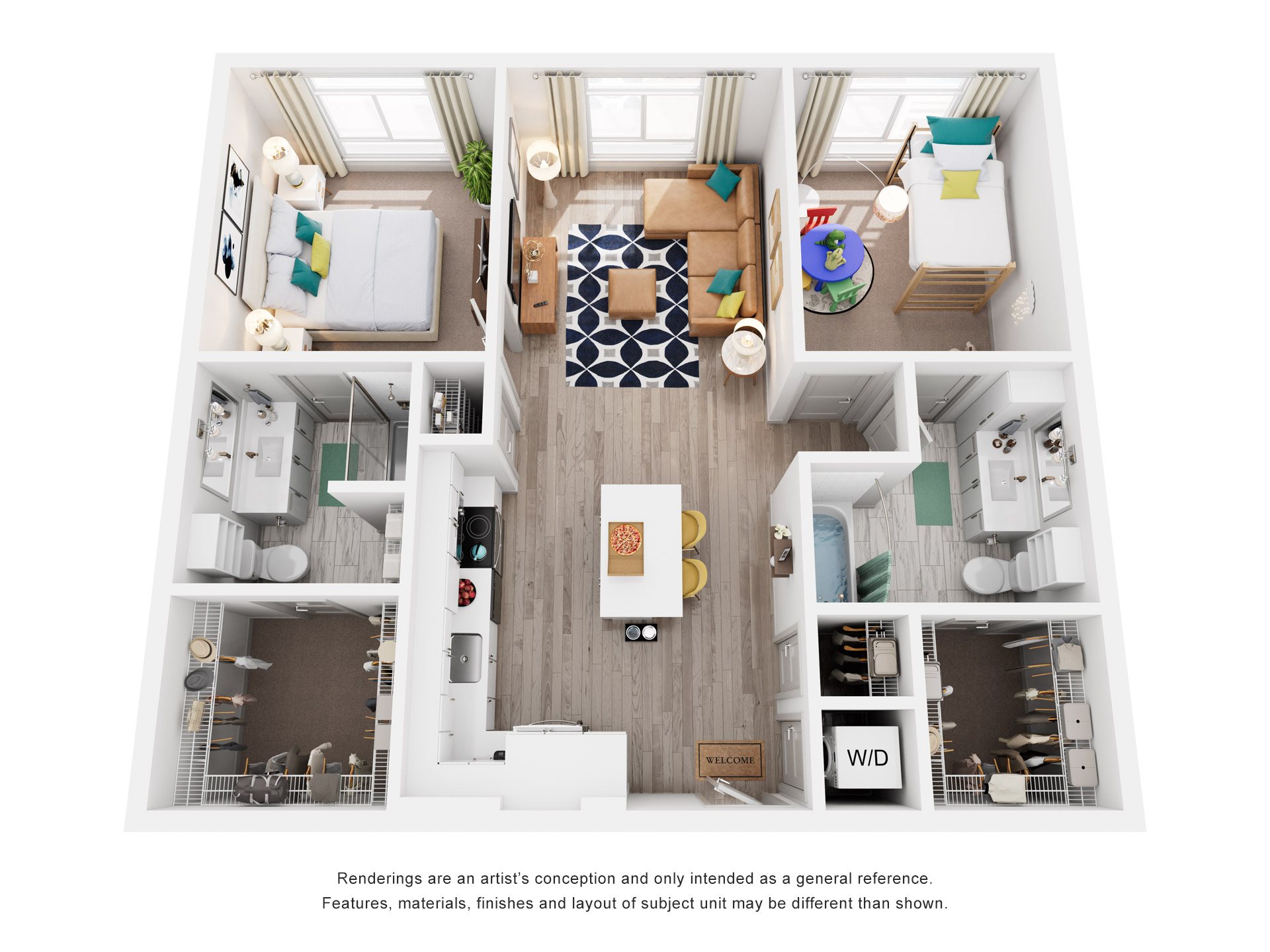 Floor plan for 2 beds, 2 baths, 1157 sqft